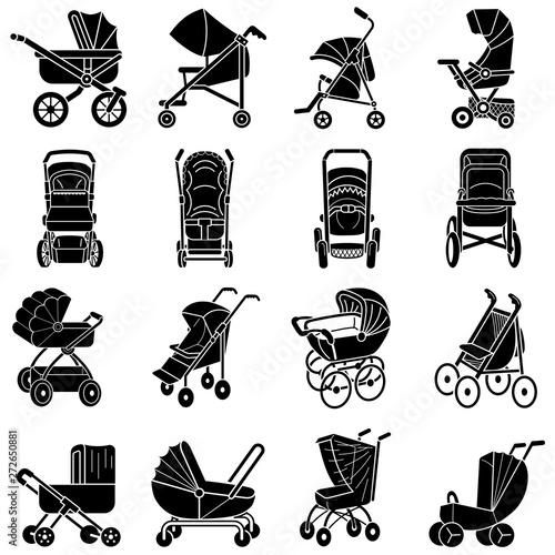 Pram icons set. Simple set of pram vector icons for web design on white background
