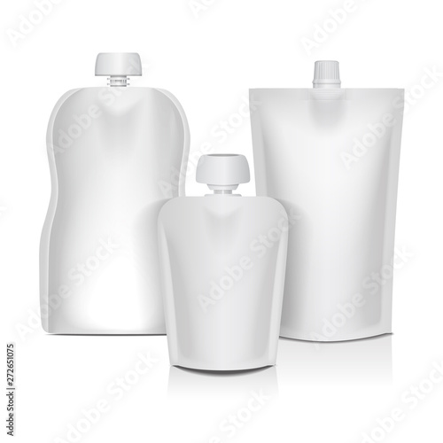 Empty flexible bag with lid for food or drink packaging, baby puree, yogurt, ketchup, mayonnaise