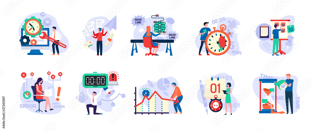 Fototapeta premium Time management vector, people with clock and timers, man in hurry, sand glass and running clock, schedule. Person fail to do tasks flat style isolated. People unable to organize their tasks