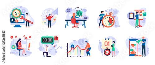 Time management vector, people with clock and timers, man in hurry, sand glass and running clock, schedule. Person fail to do tasks flat style isolated. People unable to organize their tasks