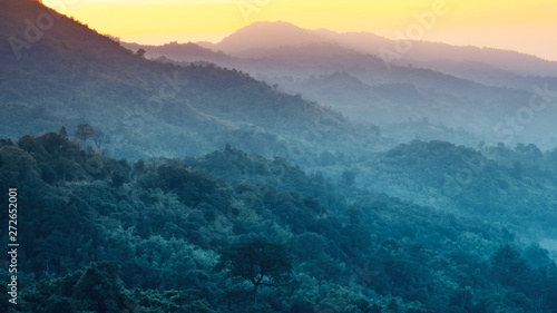 earth day and environment care travel concept from beautiful landscape of tropical forest with haze with soft focus of layer mountain background