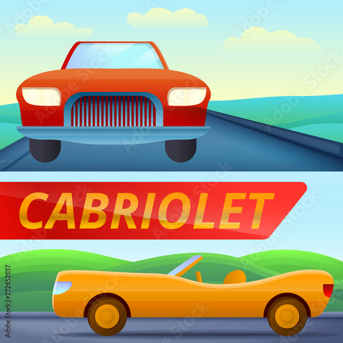 Cabriolet car banner set. Cartoon illustration of cabriolet car vector banner set for web design