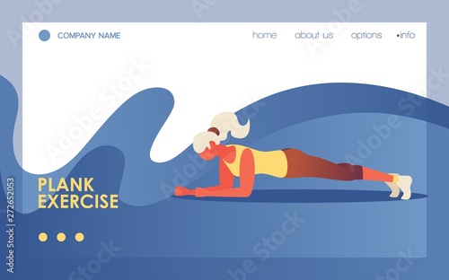 Vector concept illustration with young girl doing plank exercise. Blue wave, text and vivid gradients. Bright template for web site or landing page for gym or sport courses.