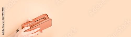web banner design for woman fashion in spring and summer concept with beauty woman hand hold and open modern brown leather purse or wallet in left hand with pastel color background photo