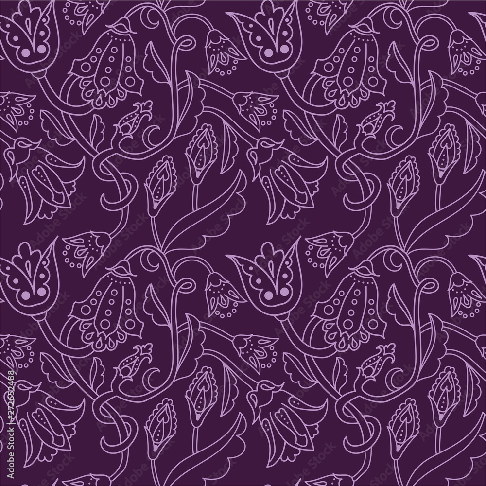 Floral purple seamless pattern. Beautiful violet flower retro background. Elegant fabric with violet background. Surface pattern design