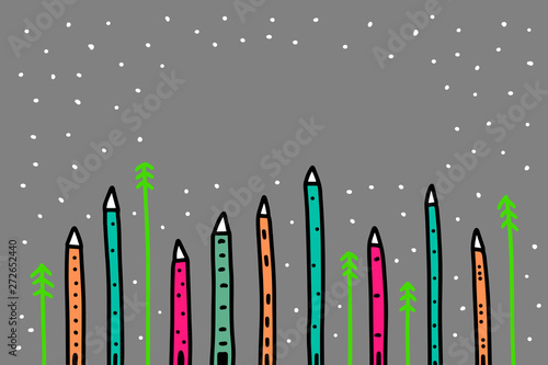 Long tiny houses with pine trees on dark blue font hand drawn vector illustration in cartoon style
