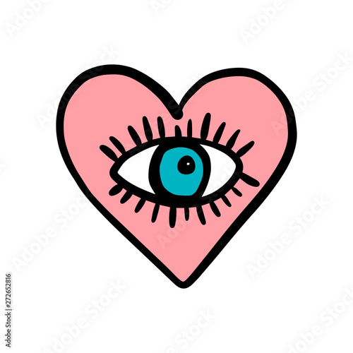 Open eye with lashes hand drawn illustration in cartoon style inside pink heart