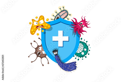 Immune system concept. Hygienic medical blue shield protecting from virus germs and bacteria. Flat vector illustration on white background