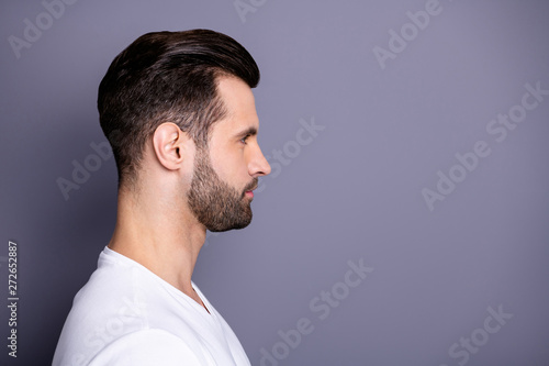 Close up side profile photo amazing he him his wondered macho perfect ideal appearance easy-going reliable person look calm not talk tell speak say wear casual white t-shirt isolated grey background
