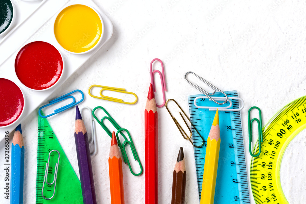 School supplies. Back to school concept on white background Top view Flat lay School supplies. Back to school concept on white background Top view Flat lay