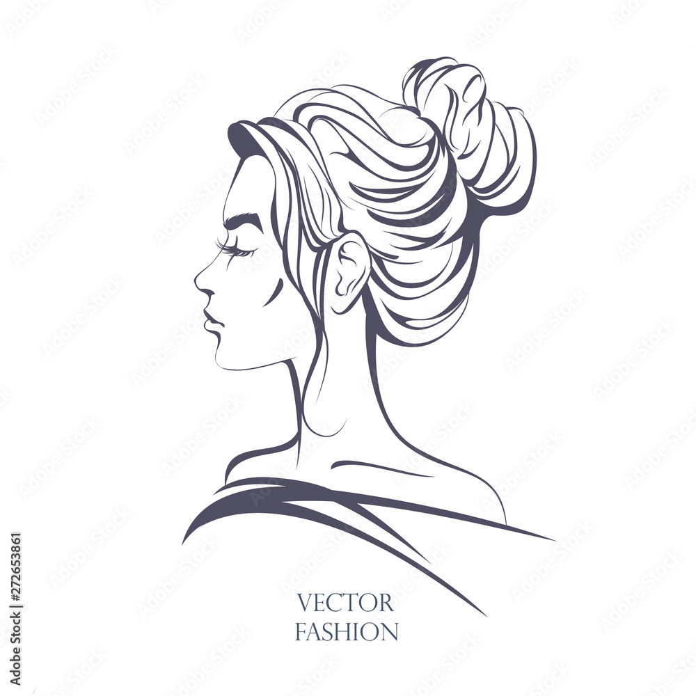 Profile of girl with haircut buns, sketch, vector illustration Stock