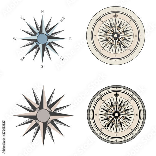 Set of logos of the compass. Marine compasses with a wind rose. Measuring device. vector logo.