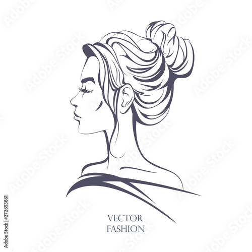 Profile of girl with haircut buns, sketch, vector illustration