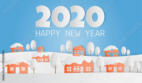 Landscape of village in winter snow forest, 2020 happy new year background. Paper art style