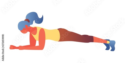 Vector isolated on white woman character doing plank exercise. Training bright young healthy lifestyle training, good for gym and strength classes