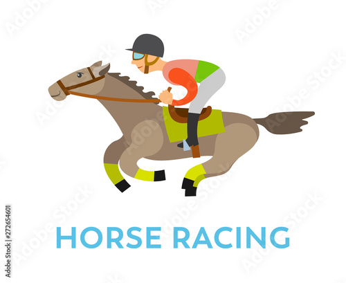 Fotografie, Tablou Horse racing sports vector, rider wearing helmet sitting horseback isolated character in dangerous equestrian race