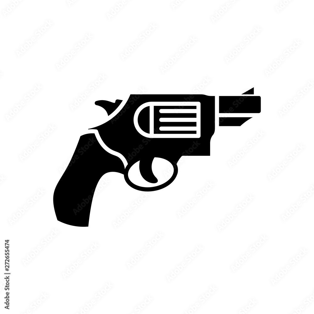Gun icon. Military icon - revolver, pistol. Army equipment and armament. Legendary retro weapon. Cartoon. Assault. Soldier. Slug. Illustration and element for design and wallpaper.