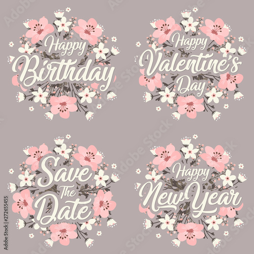 Greeting card template for happy birthday valentine's day and happy new year with flower wreath.