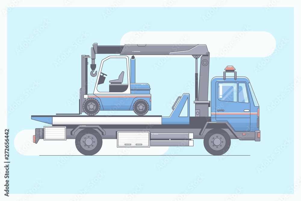 Naklejka premium Tow truck delivers the damaged vehicle.Line vector illustration