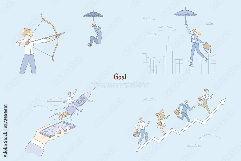 Woman aiming bow and arrow at man, businesswoman floating on umbrella, people flying and climbing to success banner