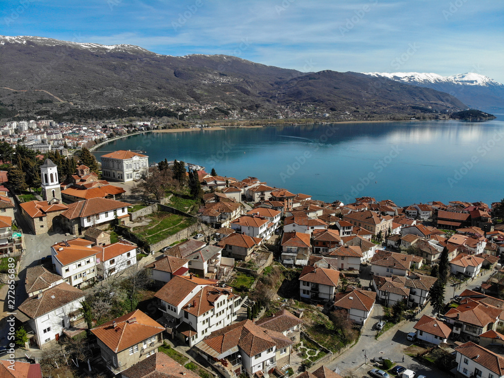 Houses and Ohrid lake, Macedonia, Balkans, Europe