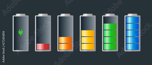 Battery charge indicator colorful icon set. Charging level full power low to high and electric plug. Gadgets alkaline energy status vector illustration on dark background
