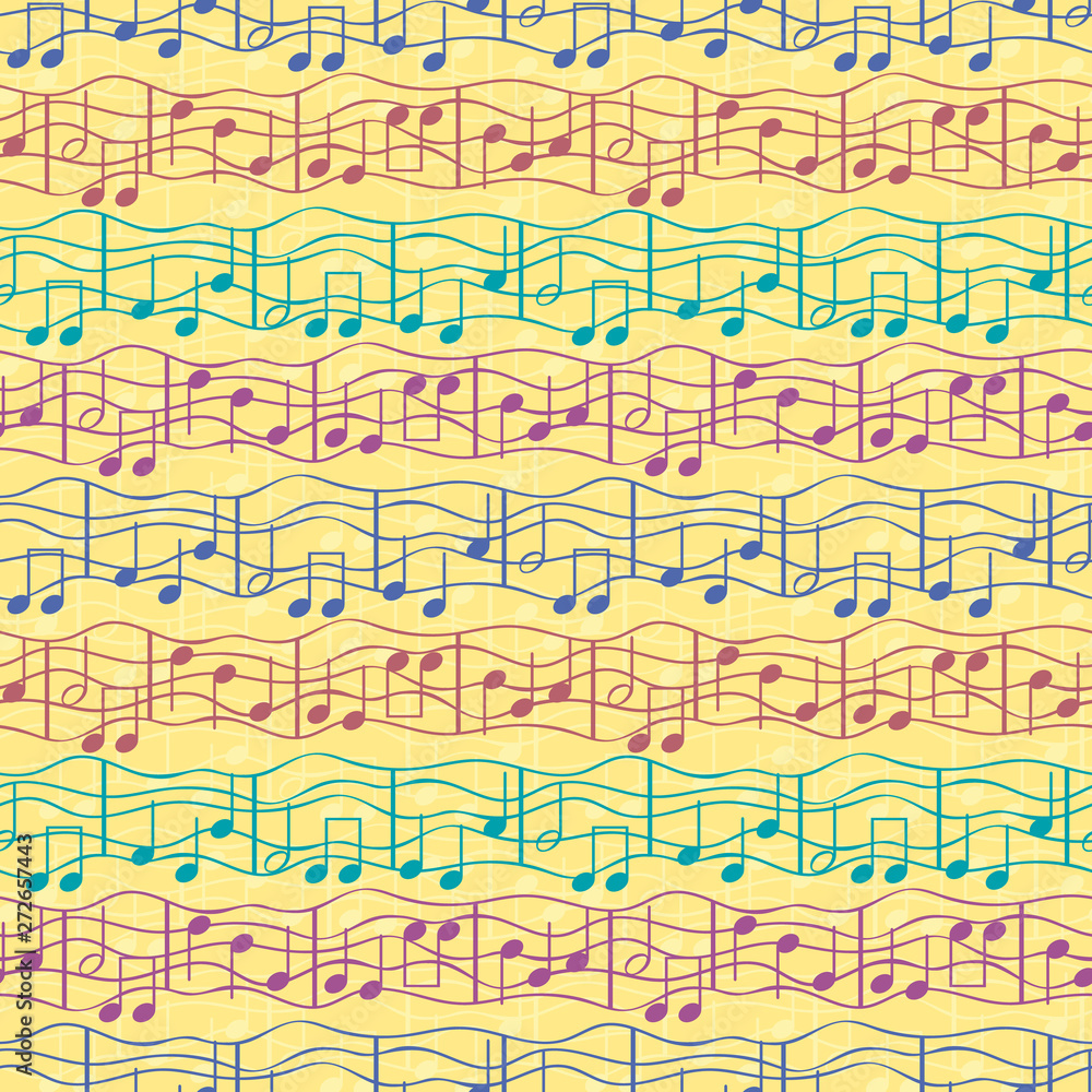 Funky multicolor musical notes on doodle lined staff in striped effect geometric design. Seamless vector pattern on textured yellow background. Great for birthday, novelty products, stationery, gifts