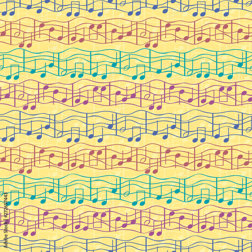 Funky multicolor musical notes on doodle lined staff in striped effect geometric design. Seamless vector pattern on textured yellow background. Great for birthday, novelty products, stationery, gifts Funky multicolor musical notes on doodle lined staff in striped effect geometric design. Seamless vector pattern on textured yellow background. Great for birthday, novelty products, stationery, gifts