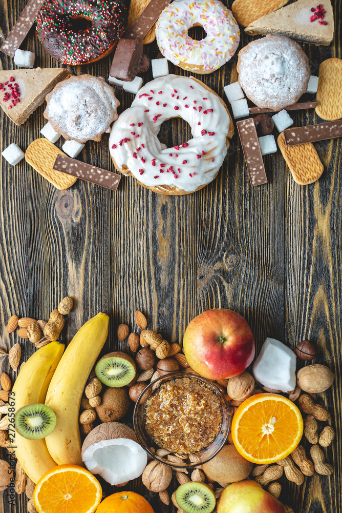 Unhealthy and healthy sweets. Problem of refusal from harmful desserts. Fruits and nuts vs donuts cupcakes and candy Unhealthy and healthy sweets. Problem of refusal from harmful desserts. Fruits and nuts vs donuts cupcakes and candy