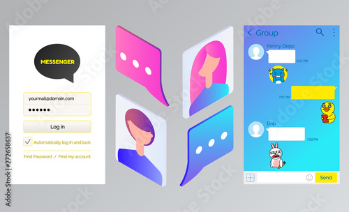 Korean messenger kakao talk, chat interface and avatars, login page vector. Online communication in mobile app, instant messages, account and users