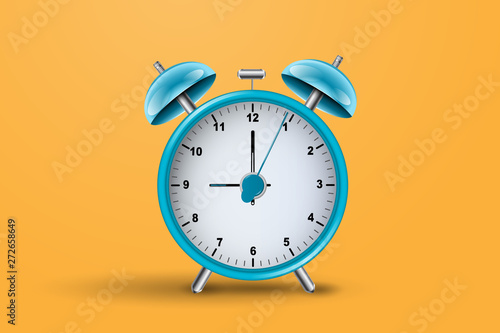 Realistic alarm clock on orange background. Vector illustration.