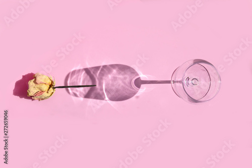 Empty wine glass with flower rose on shadow on pink background. Minimal style. Art design. Top view, flat lay.