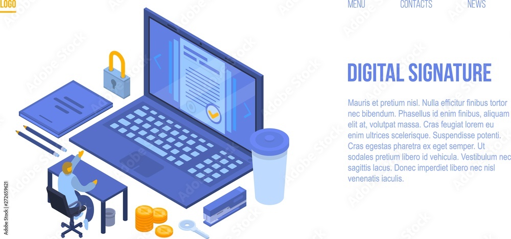 Digital signature concept banner. Isometric illustration of digital signature vector concept banner for web design Digital signature concept banner. Isometric illustration of digital signature vector concept banner for web design