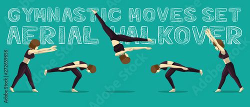 Gymnastic Moves Set Aerial Walkover Manga Cartoon Vector Illustration