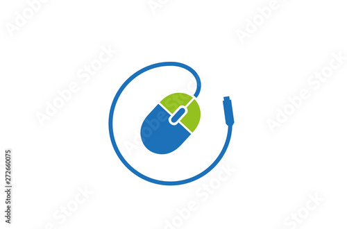 Creative Compuer Mouse Cable Circle logo Vector Design Illustration