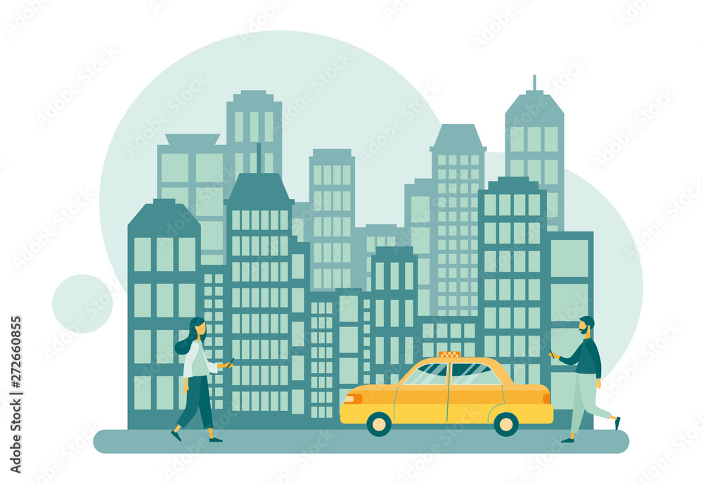 Taxi service. Background the city with skyscrapers. Flat cartoon style. Vector illustration