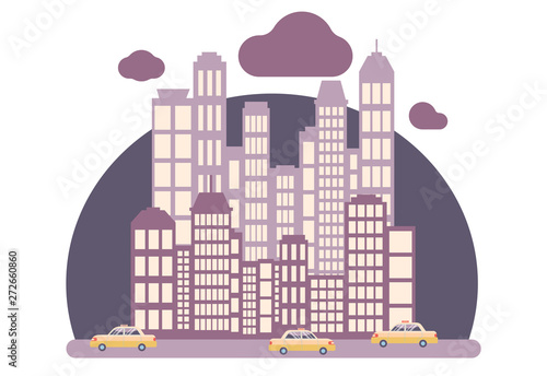 Taxi service. Background the city with skyscrapers. Flat cartoon style. Vector illustration