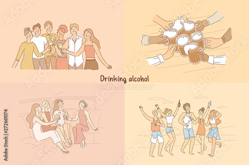 Group of friends having toast at club, pub, girlfriends sitting in elite car having champagne, bachelorette party celebration banner