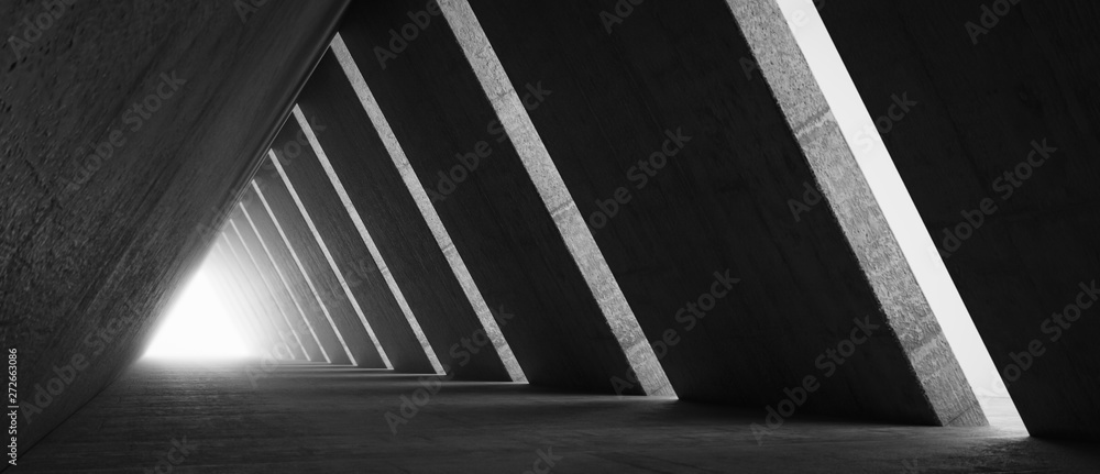 Fototapeta premium Empty Long Light Corridor. Modern concrete background. Futuristic Sci-Fi Triangle Tunnel. 3D Rendering