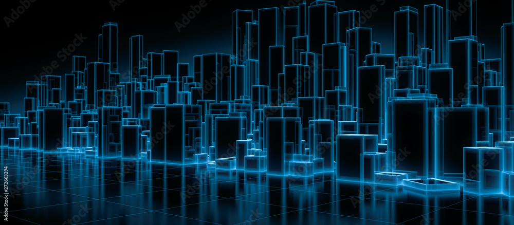 Abstract futuristic blocks city with wire frame in blue shade on mirror floor. Digital future architecture technology background concept. 3D render. - obrazy, fototapety, plakaty 