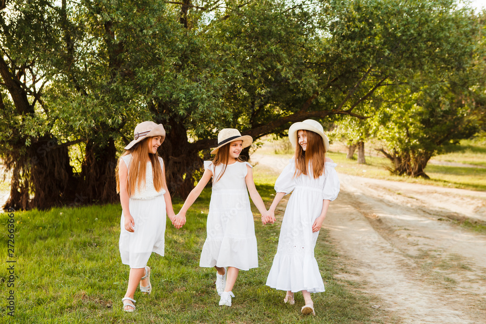 Three girls in white dresses walk in nature in the summer. Children's pastime during the summer holidays. Three girls in white dresses walk in nature in the summer. Children's pastime during the summer holidays.