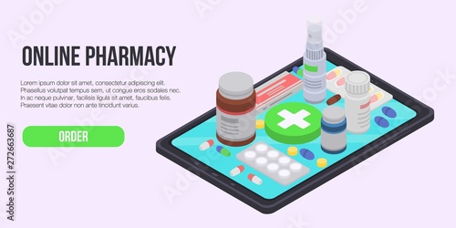 Online pharmacy concept banner. Isometric illustration of online pharmacy vector concept banner for web design