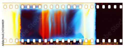 Film strip template, empty color 135 type (35mm) film with scratches, cracks, dust and light leaks isolated on white background with work path.
