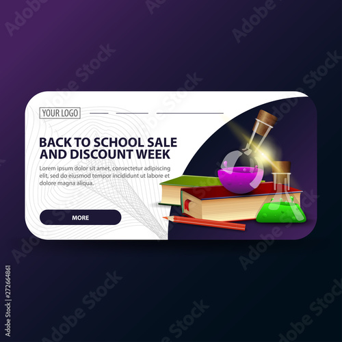 Back to school and discount week, horizontal banner with modern design, books and chemical flasks