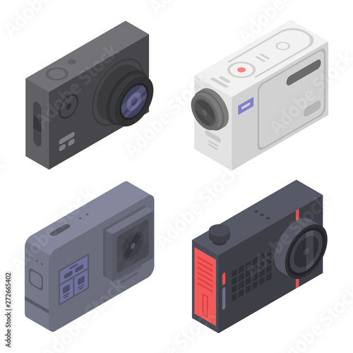 Action camera icons set. Isometric set of action camera vector icons for web design isolated on white background