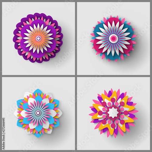 Paper cut origami of flower, colorful blossom ornament with shadow, 3d view of floral symbol, greeting or poster decorated by bouquet, festive vector