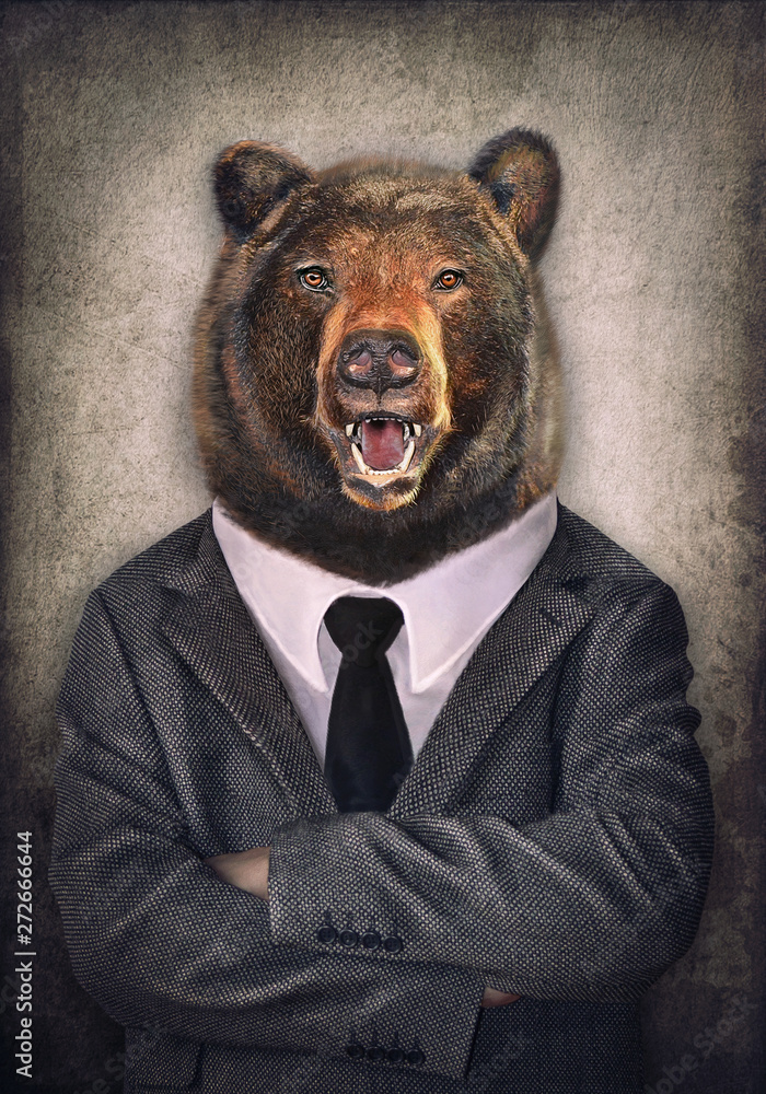 Bear in clothes. Man with a head of an tiger. Concept graphic in ...