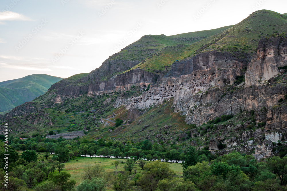View of Vardzia caves. Vardzia is a cave monastery site in southern Georgia, excavated from the slopes of the Erusheti Mountain on the left bank of the Kura River.