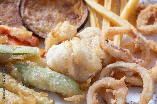 Close up of mix vegetables and calamari fried.