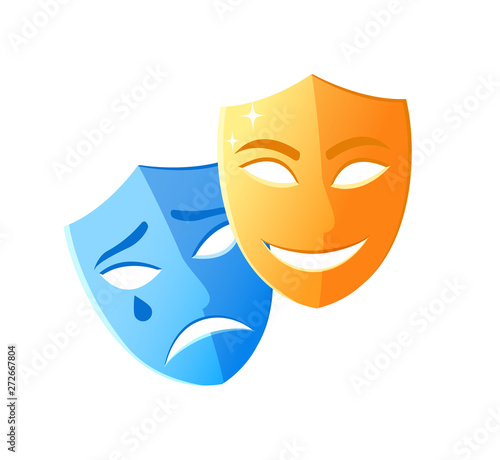 Theatre mask crying and smiling, emotion icons on white, character objects sad and happy, masquerade decorations laugh and disorder, pantomime vector
